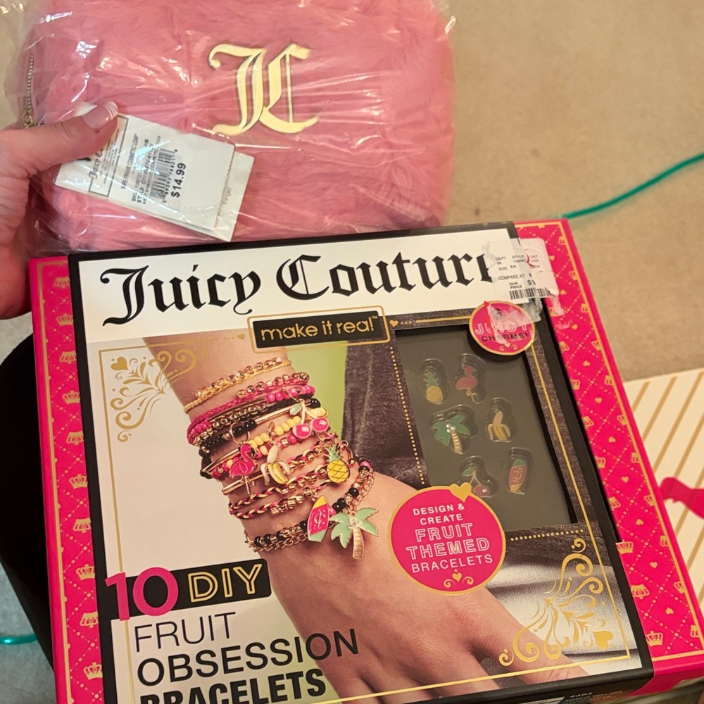 Juicy Couture Pink and Gold DIY Bracelet Kit and makeup bag BNIP